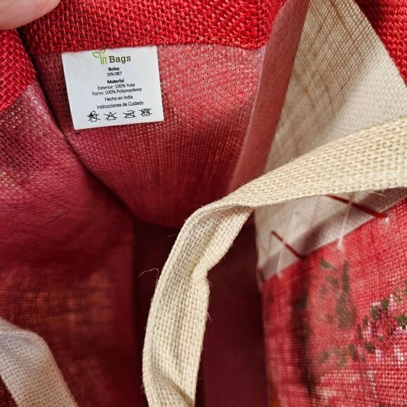 Hand-Made Tote Bag Christmas Jute Craft-Fabric Ribbon Flowers Hand Painted Gift - Picture 8 of 9